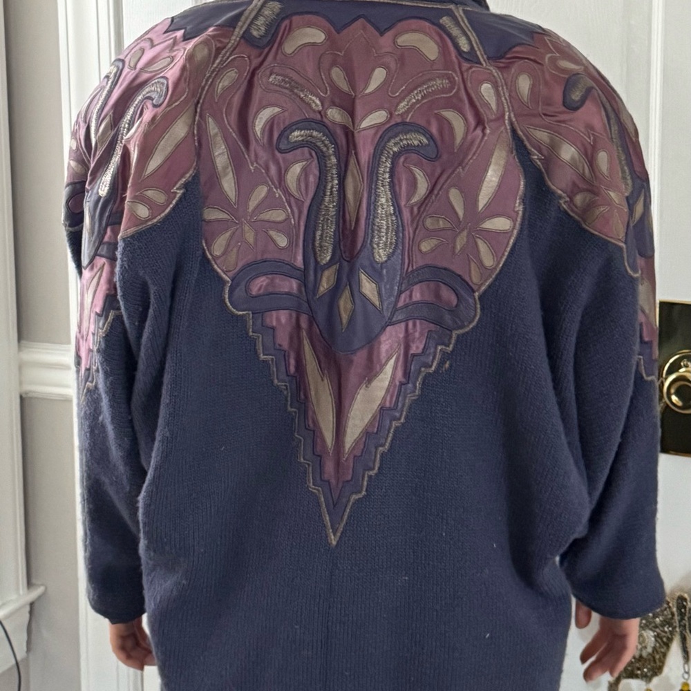 Vintage 80s Suzelle Purple Leather Appliqué Patterned Coatigan Size Small